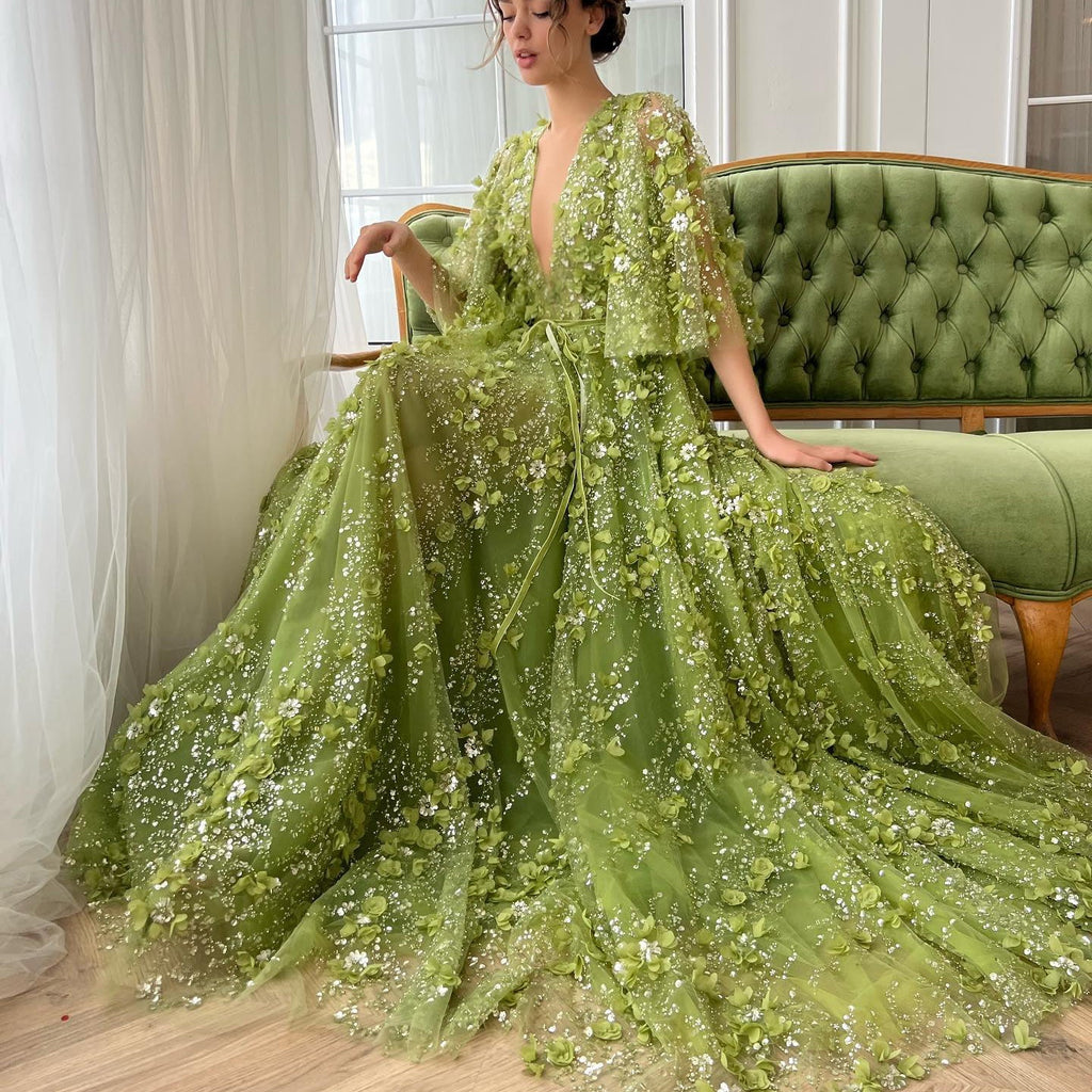 Sexy V-neck Green 3D Embroidered Flowers A-Line Evening Dress SS354