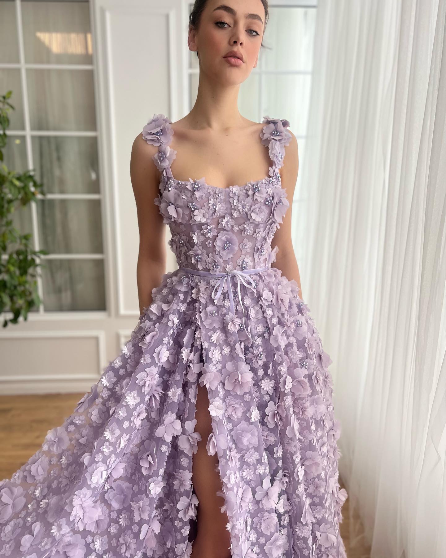 Chic Lilac 3D Embroidered Flowers Evening Dress with High Slit SS357