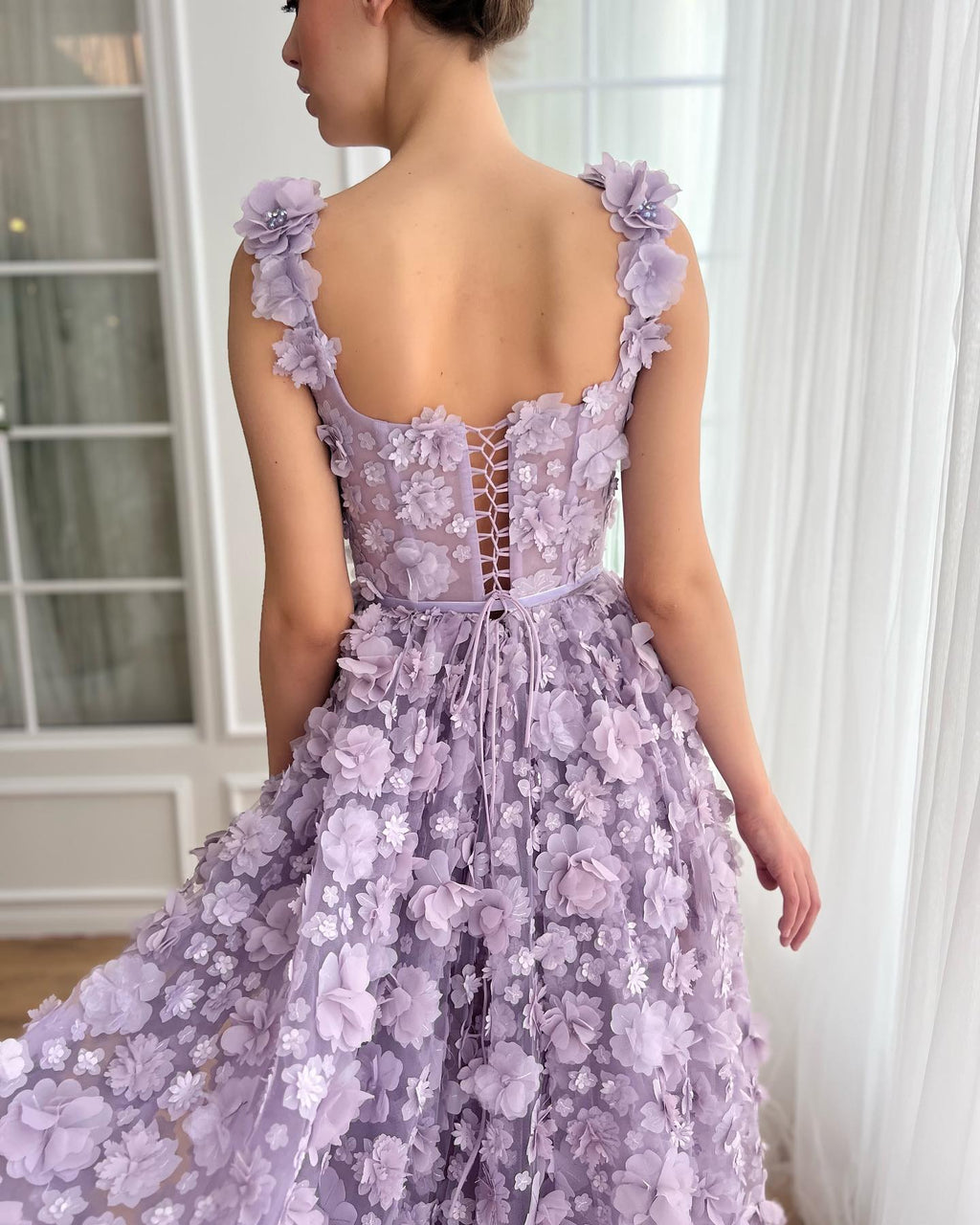 Chic Lilac 3D Embroidered Flowers Evening Dress with High Slit SS357