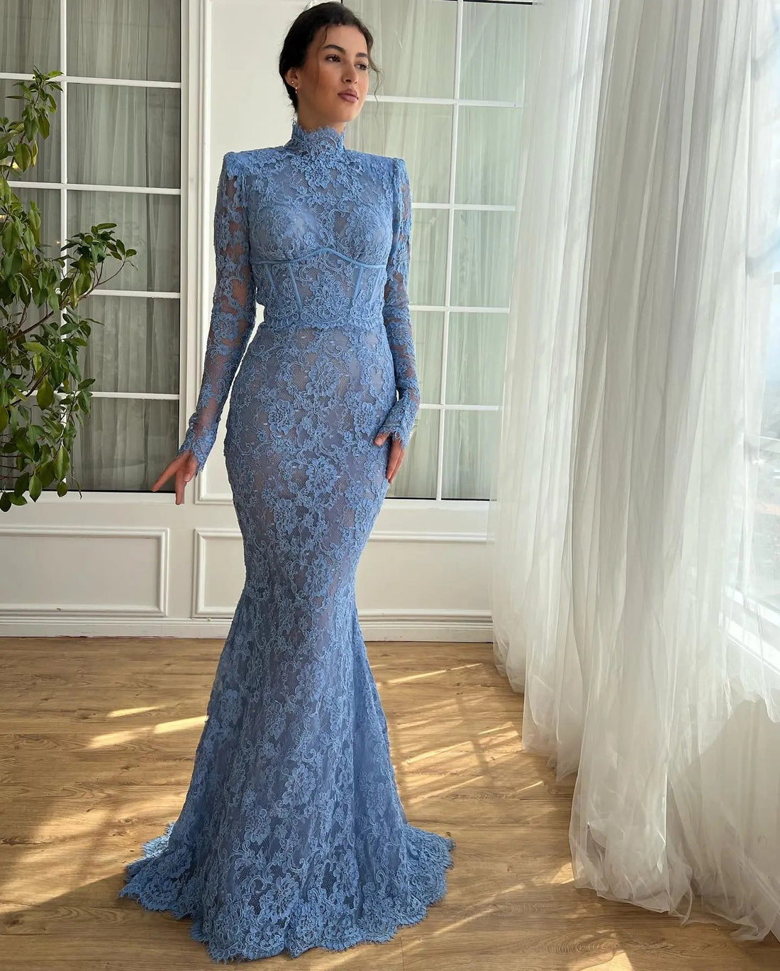 Glamorous Blue High Neck Lace Evening Dress with Flared Sleeves SF217