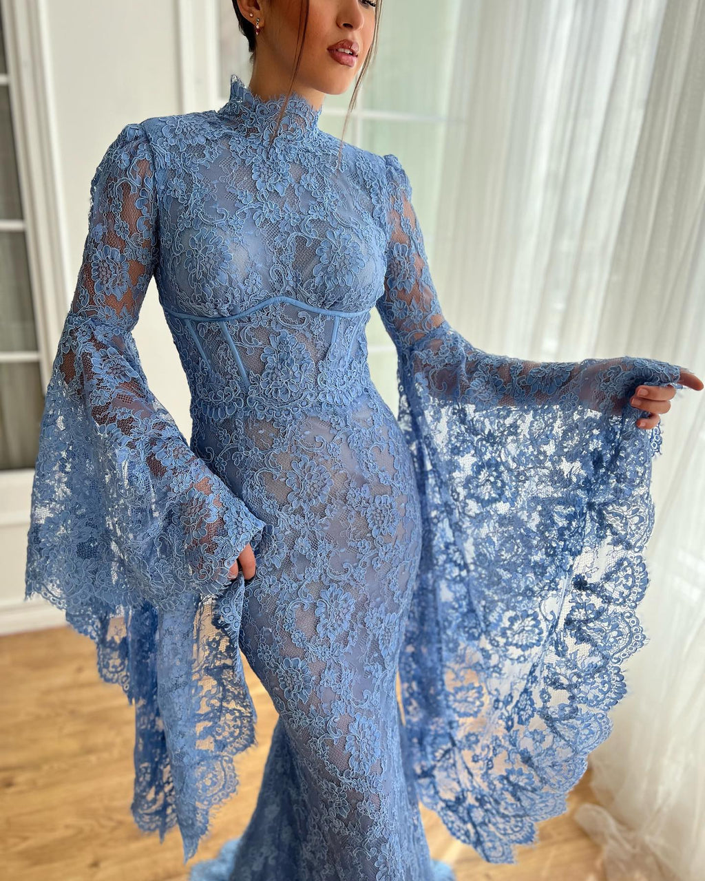 Luxury Blue High Neck Mermaid Evening Dress SF217