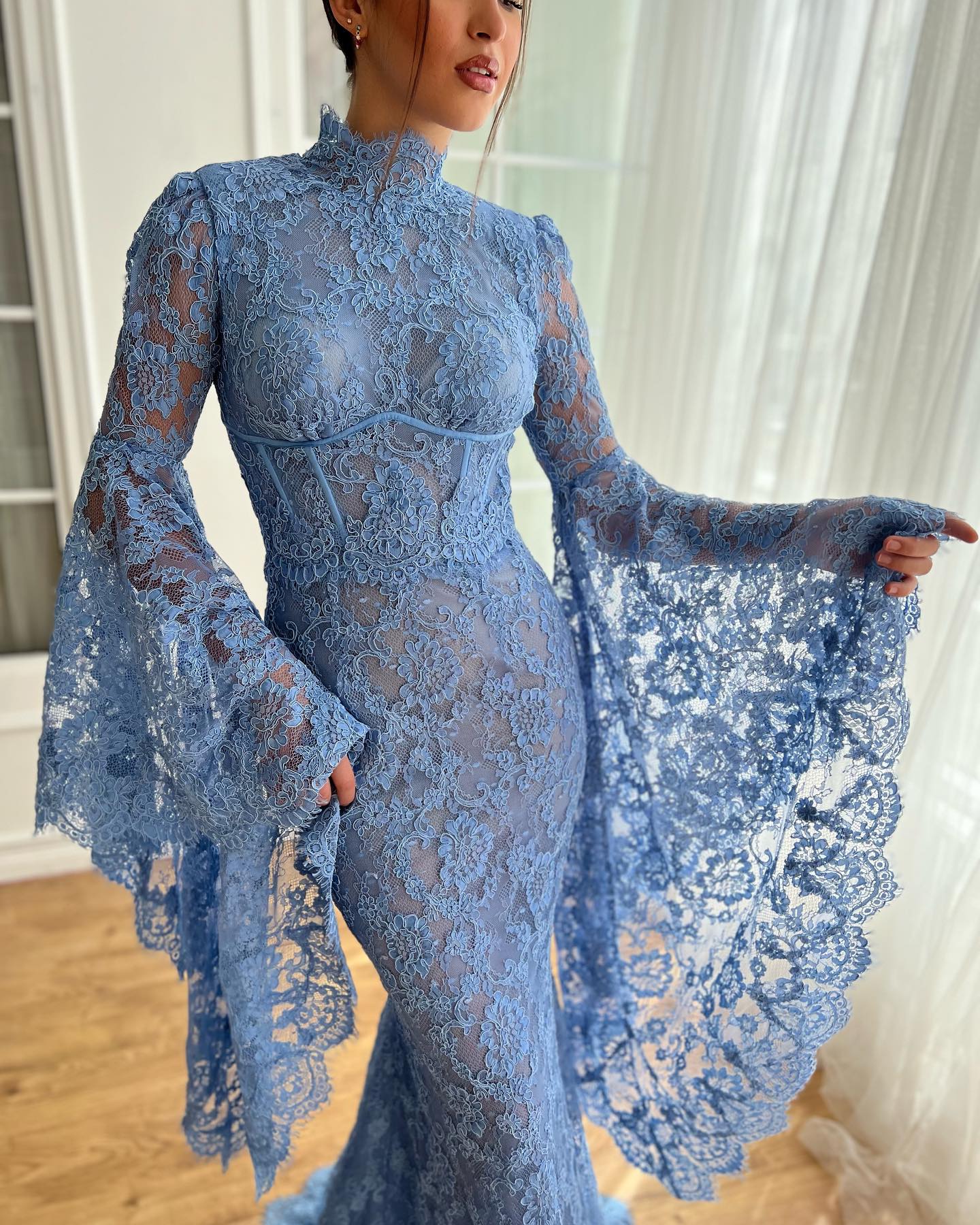 Luxury Blue High Neck Mermaid Evening Dress SF217
