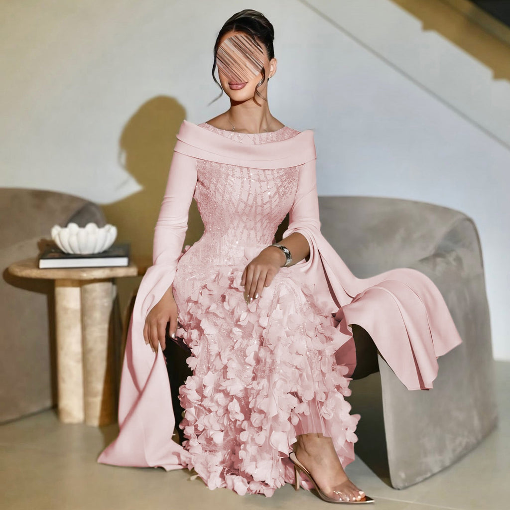 Gorgeous 3D Floral Pink Evening Dress with Cape Sleeves SS272