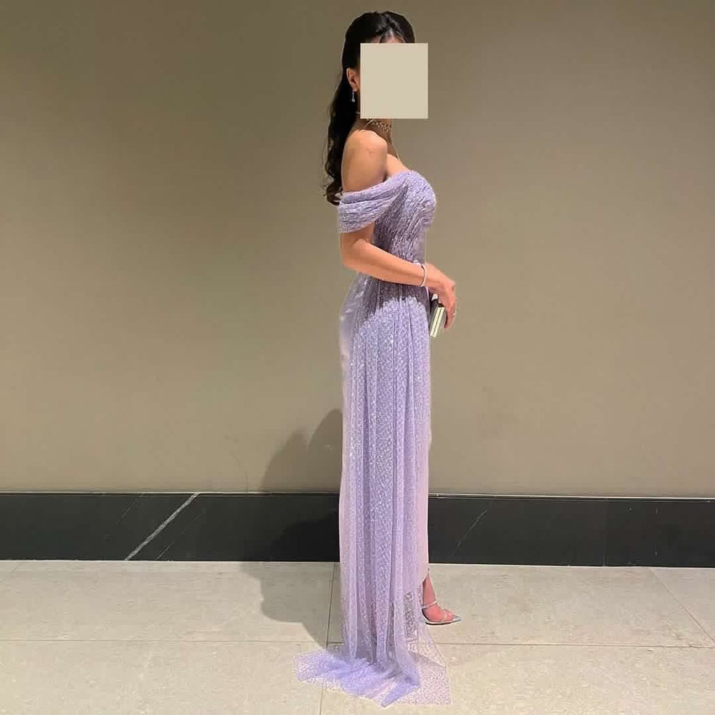 Elegant Beaded Lilac Off Shoulder Evening Dress with Overskirt SS340