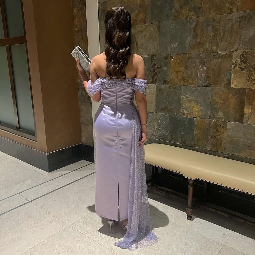 Elegant Beaded Lilac Off Shoulder Evening Dress with Overskirt SS340