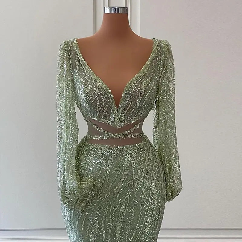 Luxury Beaded Long Sleeves Sage Green Formal Dress RM033