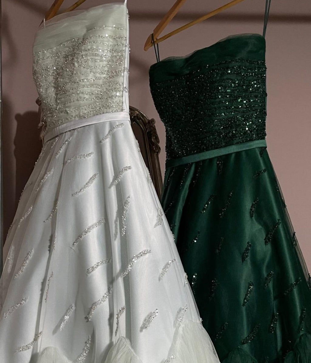 Elegant Beaded Sage Green Strapless Evening Dresses SS483