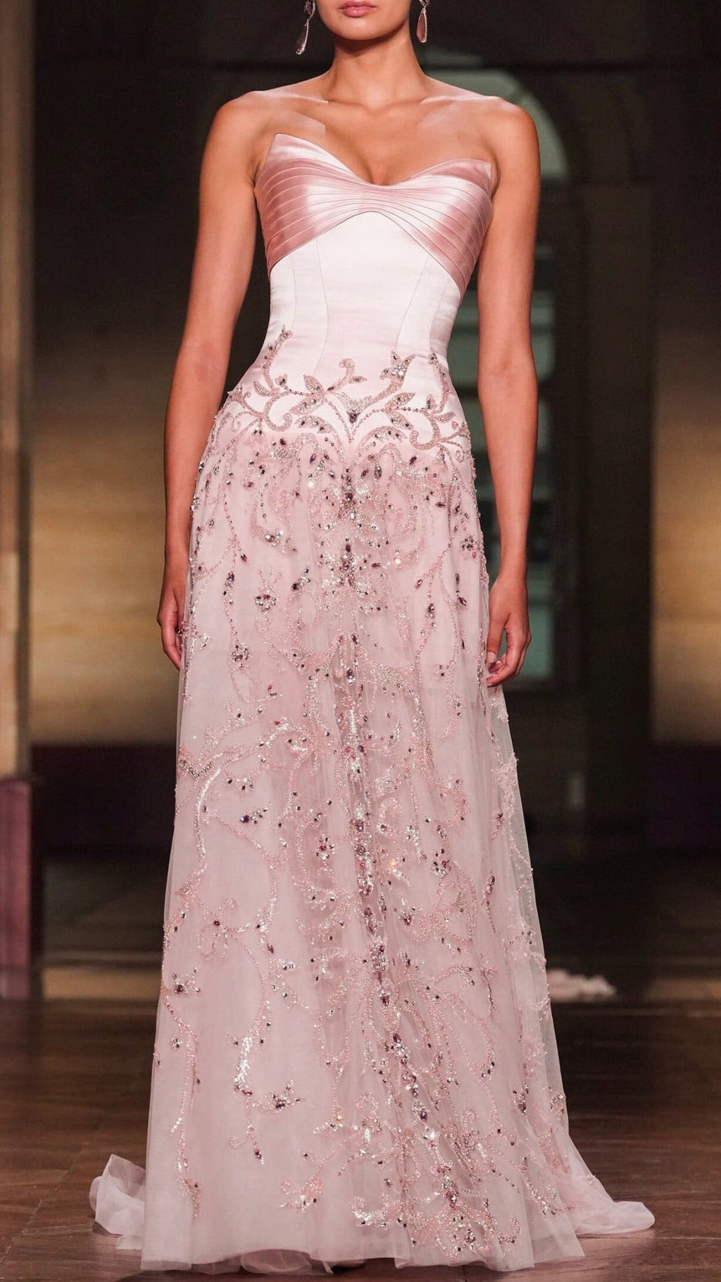 Elegant Pink Beaded Embroidered Strapless Evening Dress SS529