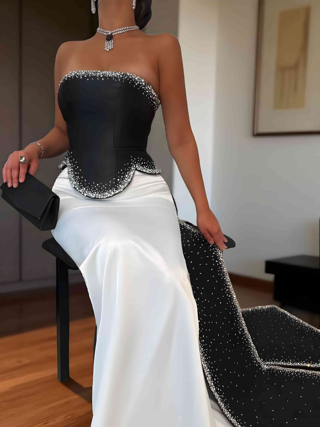Luxury Black and White Beaded Strapless Evening Dress SF308