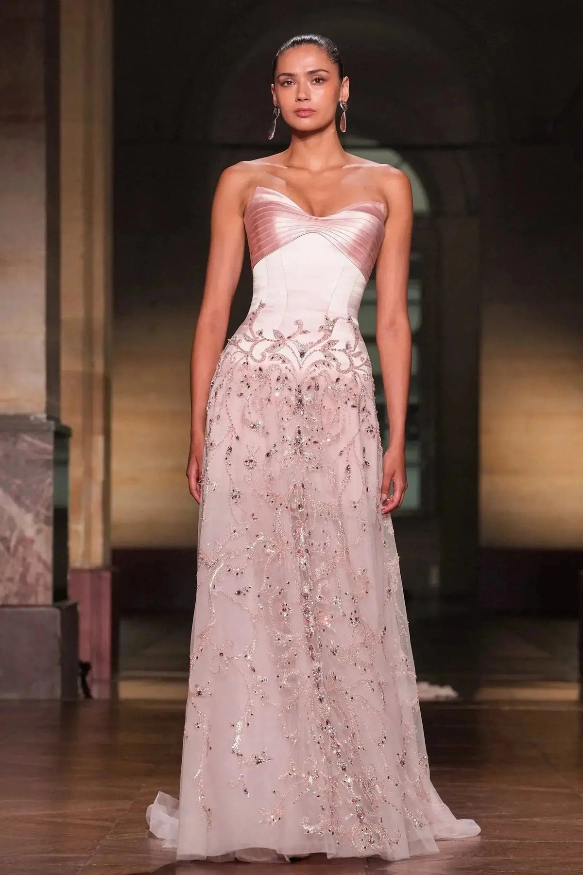 Luxury Pink Embroidered Beaded Strapless Fitted Evening Dress SS529