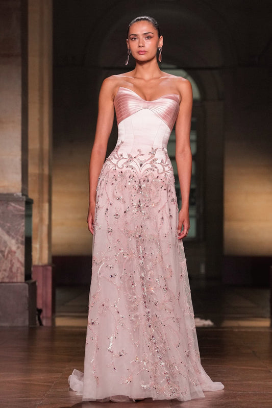 Elegant Pink Beaded Embroidered Strapless Evening Dress SS529