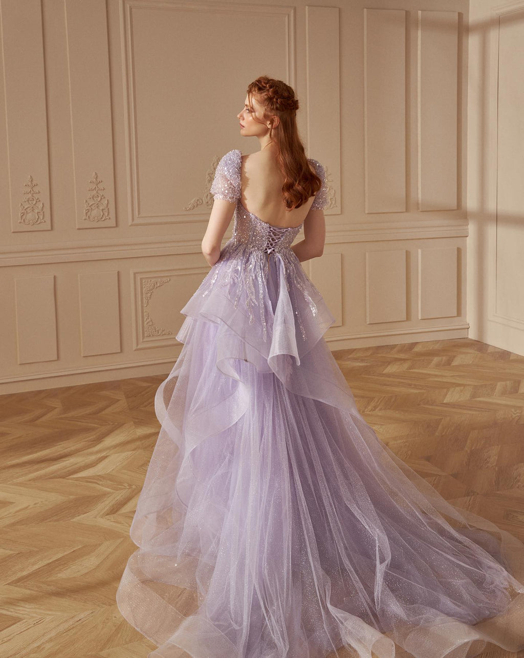Elegant Sequin Lilac A-Line Short Sleeves Evening Dress SS452
