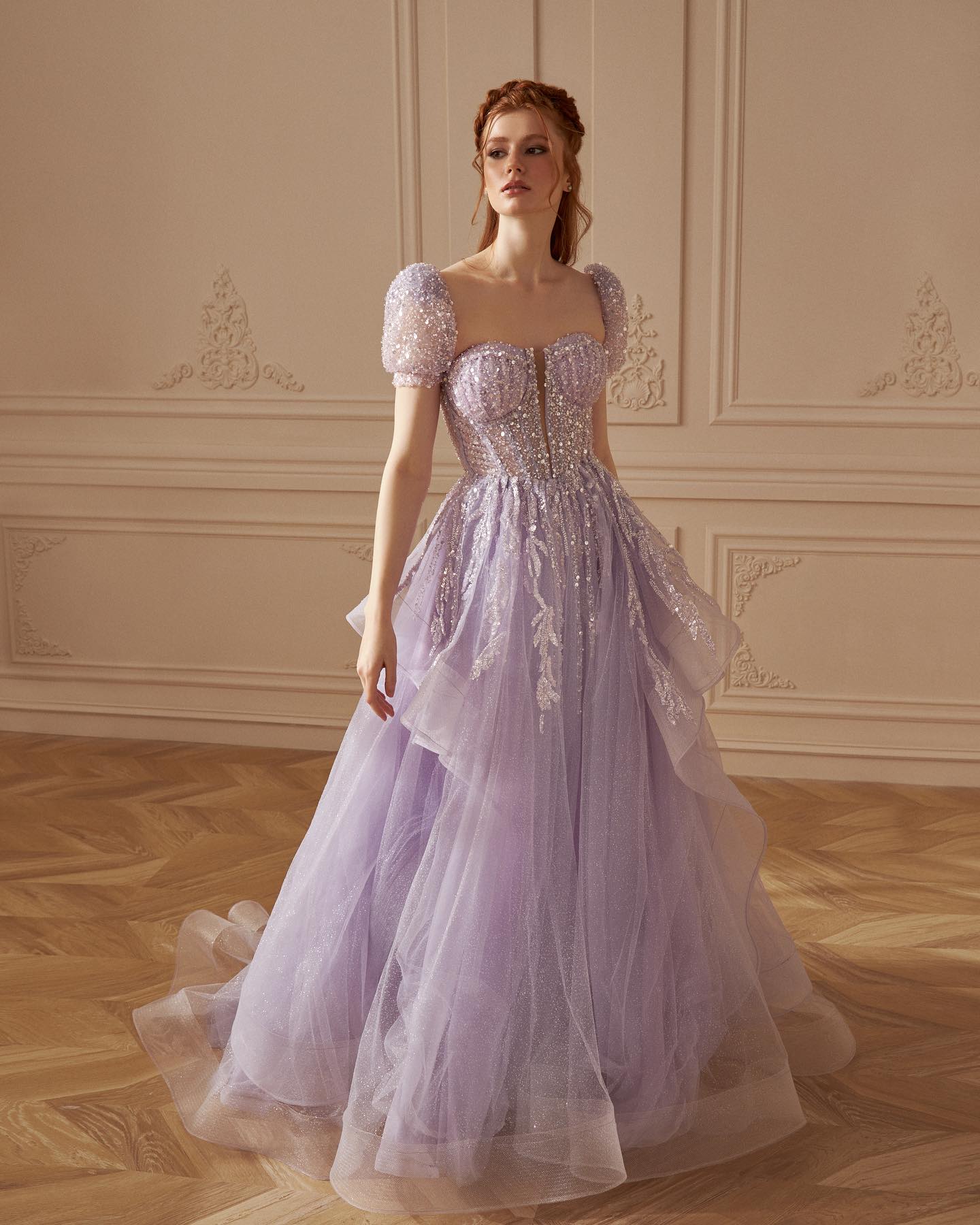 Elegant Sequin Lilac A-Line Short Sleeves Evening Dress SS452