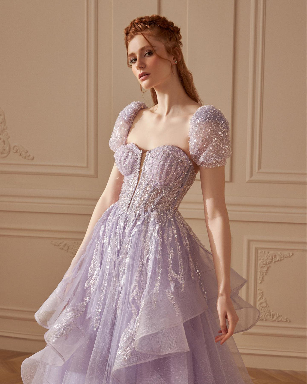 Elegant Sequin Lilac A-Line Short Sleeves Evening Dress SS452