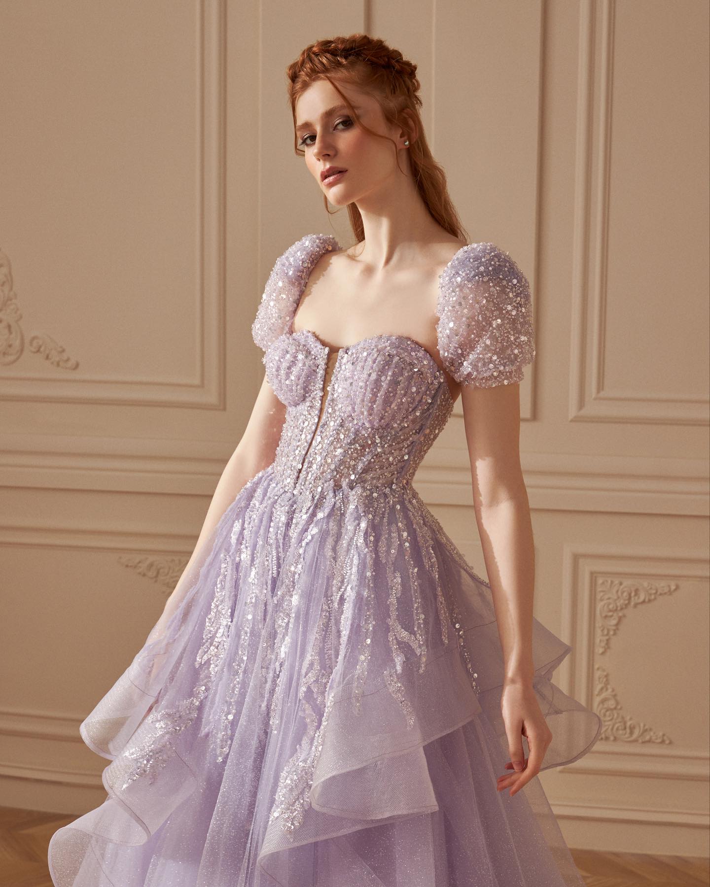 Elegant Sequin Lilac A-Line Short Sleeves Evening Dress SS452