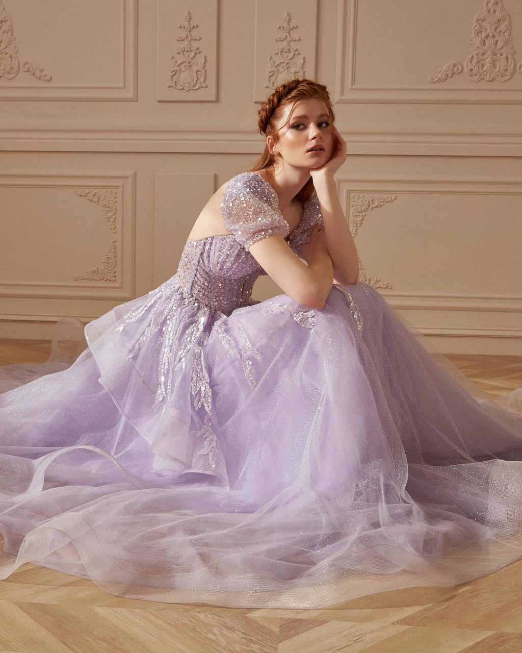 Elegant Sequin Lilac A-Line Short Sleeves Evening Dress SS452