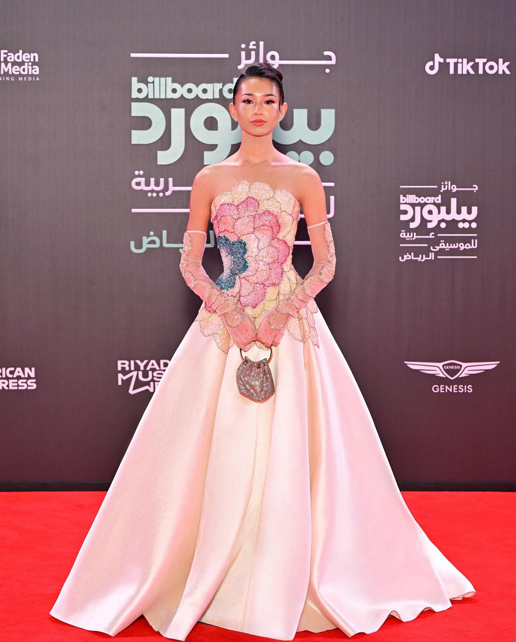 Elegant Strapless Beaded Evening Dress with Gloves SS513
