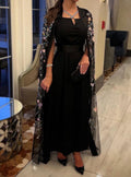 Luxury 3D Floral Black Evening Dress with Cape SF426