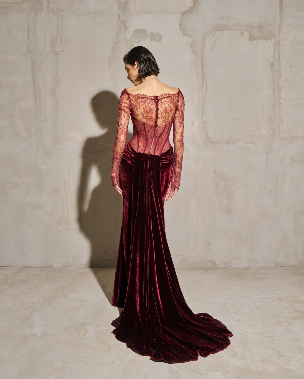 Luxury Wine Red Velvet Printed Evening Dress with Overskirt SF056