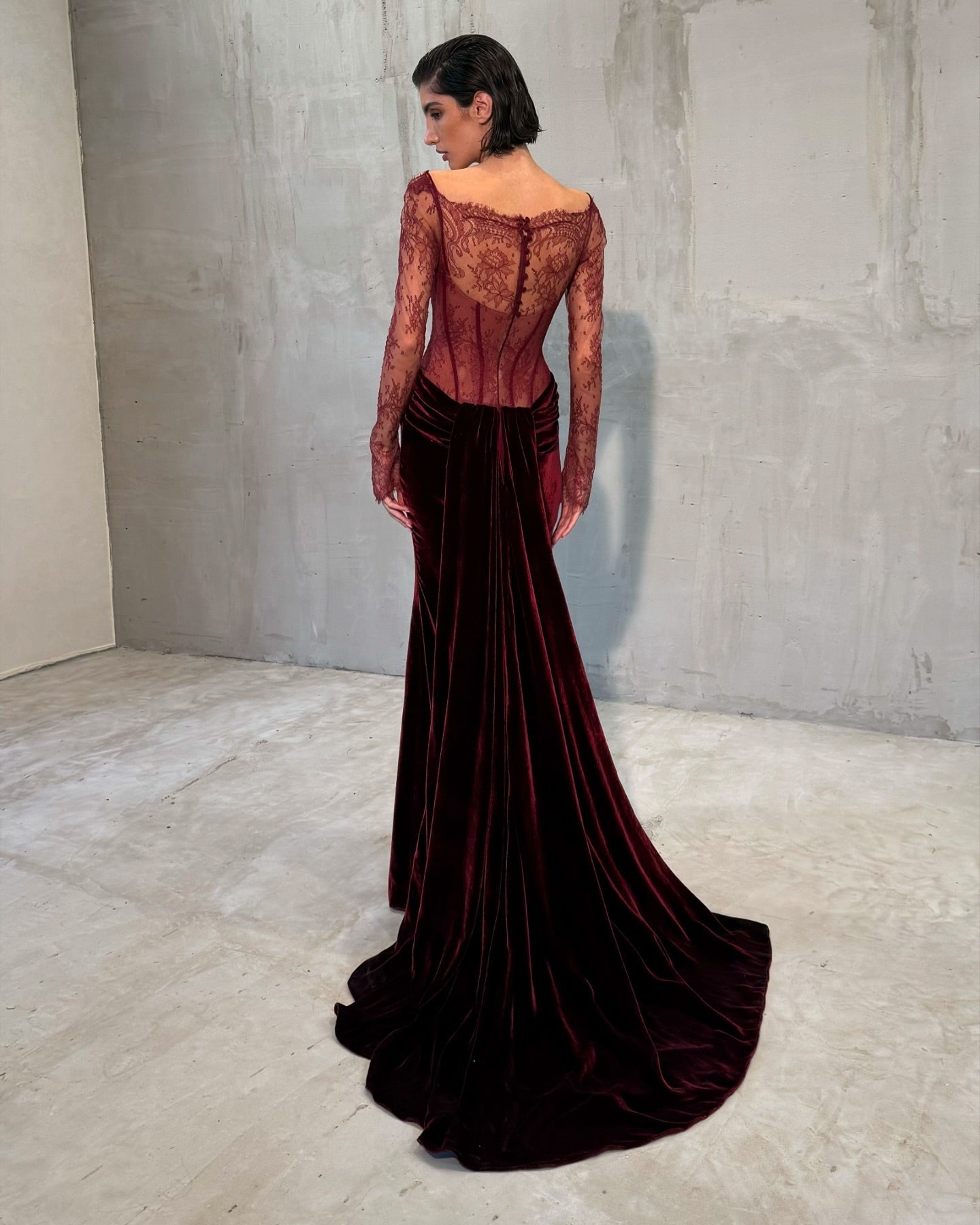 Luxury Wine Red Velvet Printed Evening Dress with Overskirt SF056