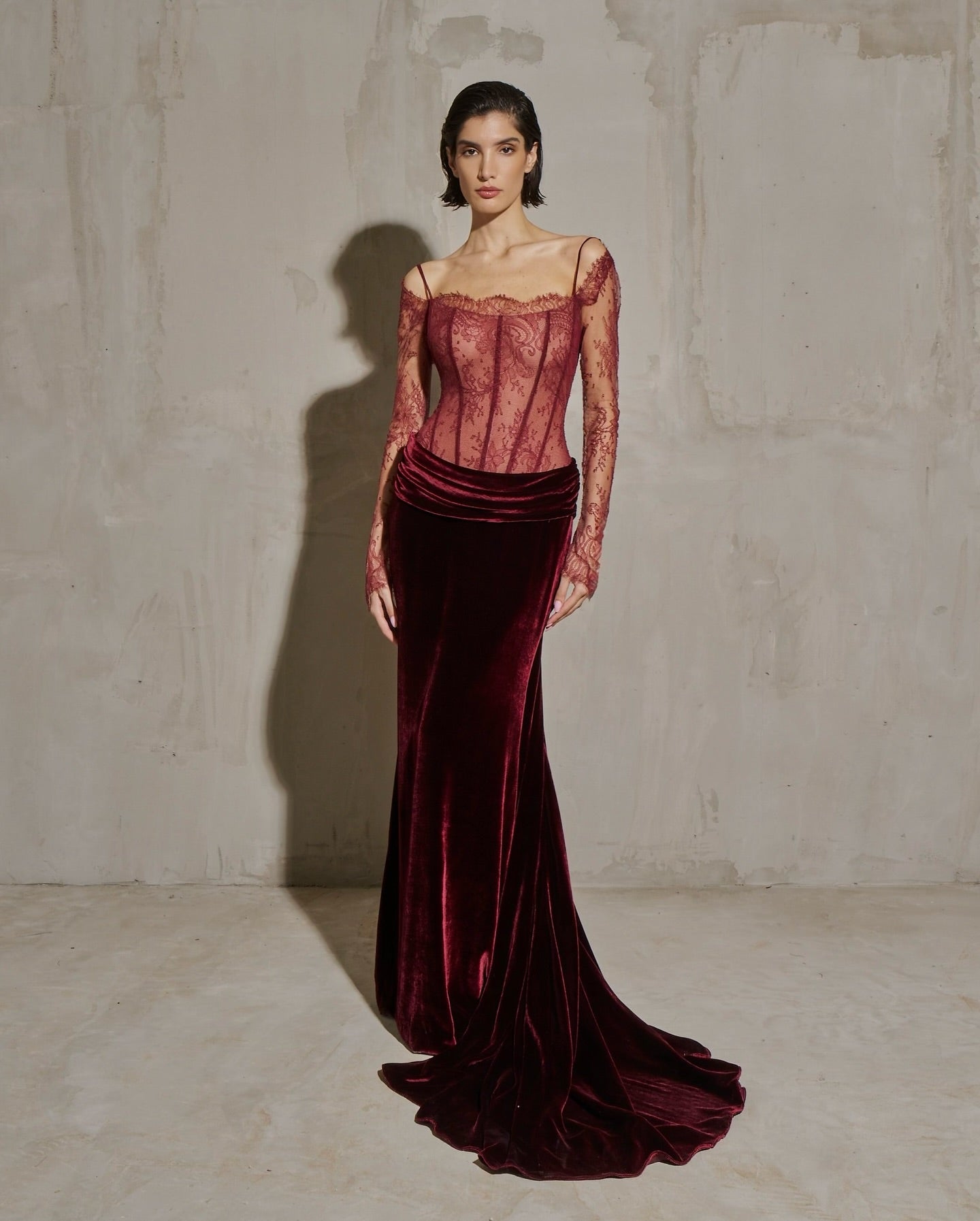 Luxury Wine Red Velvet Printed Evening Dress with Overskirt SF056