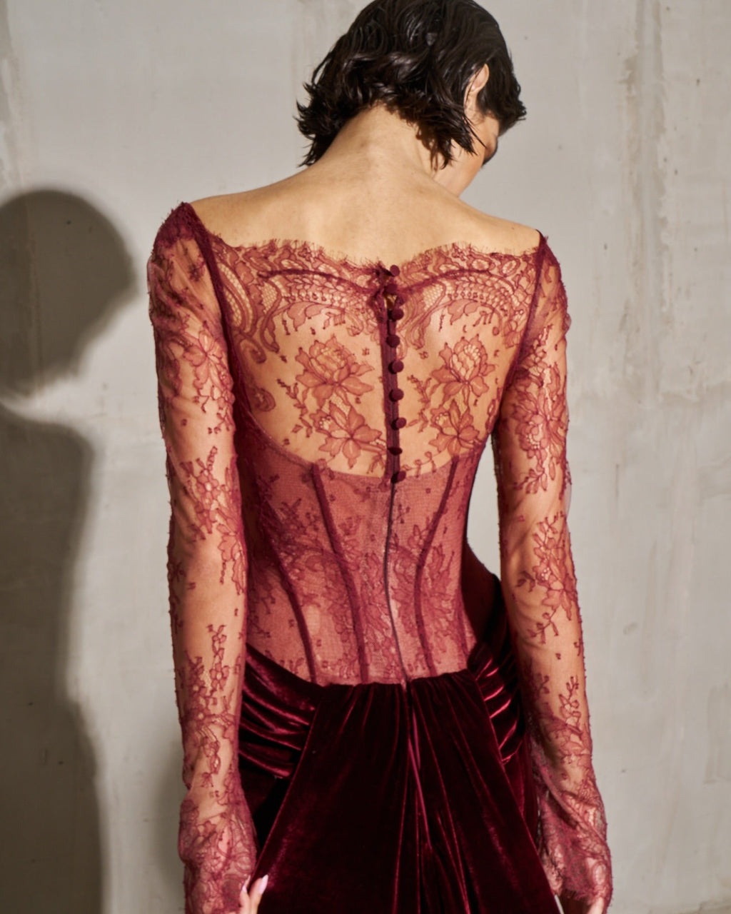 Luxury Wine Red Velvet Printed Evening Dress with Overskirt SF056