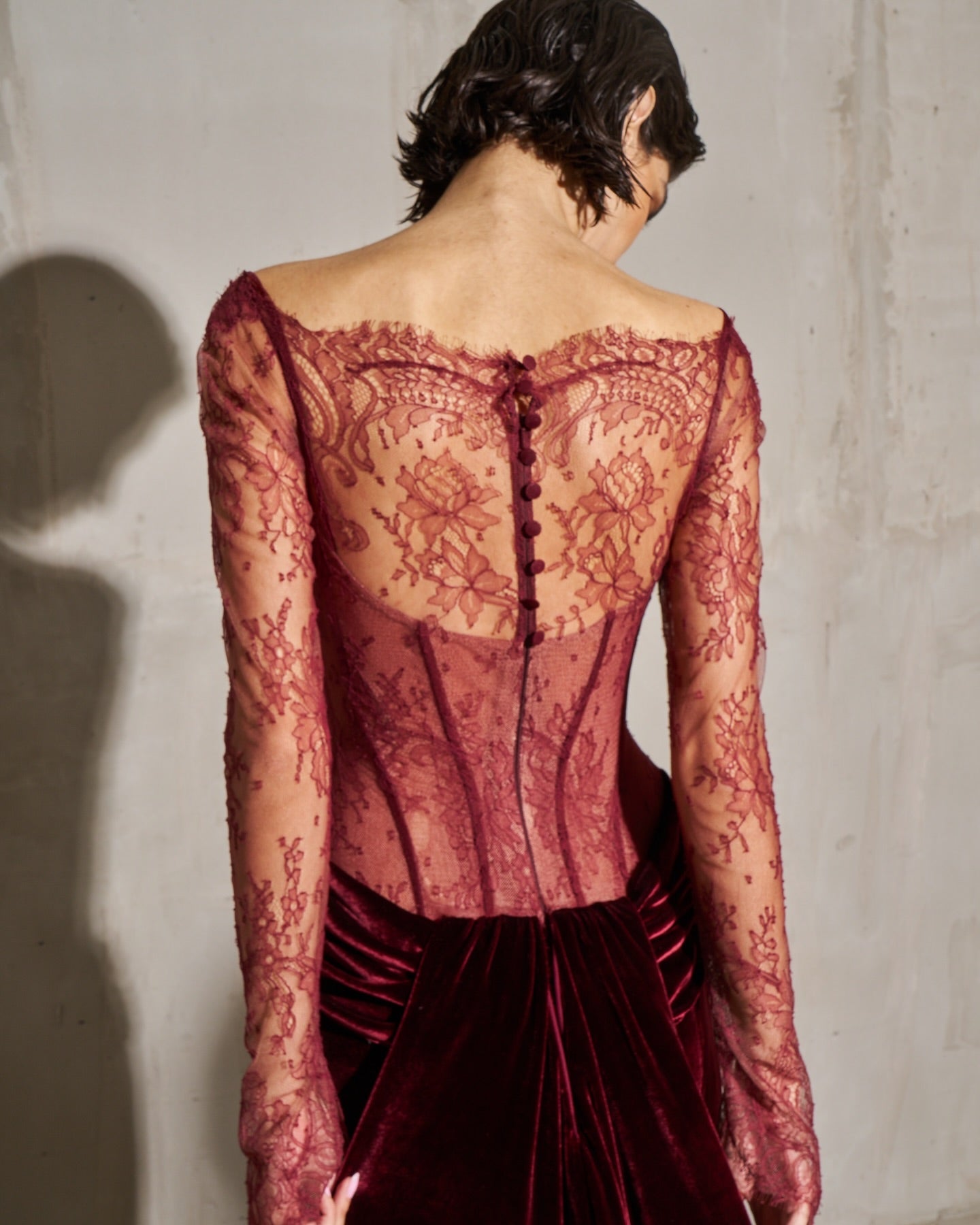 Luxury Wine Red Velvet Printed Evening Dress with Overskirt SF056