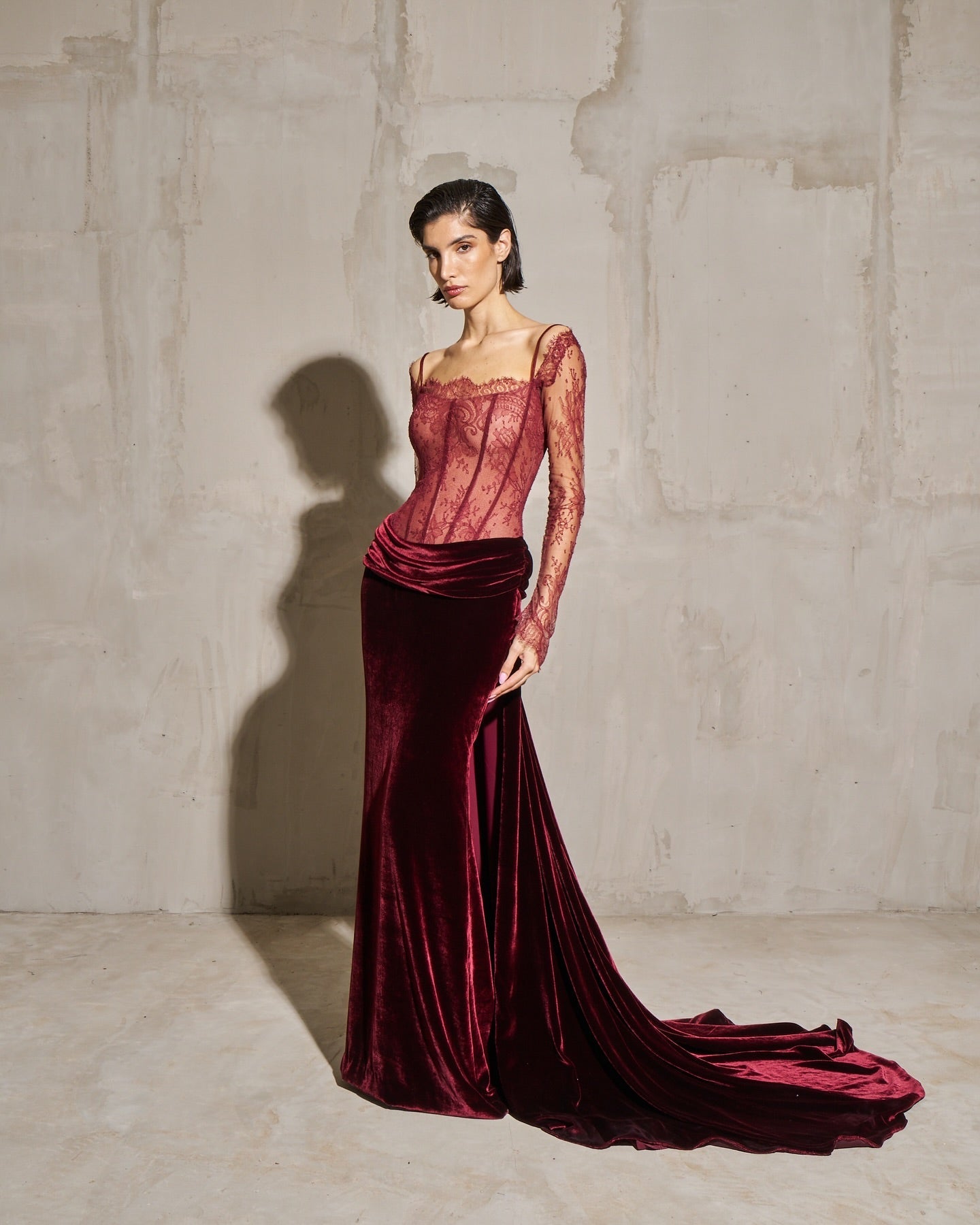 Luxury Wine Red Velvet Printed Evening Dress with Overskirt SF056