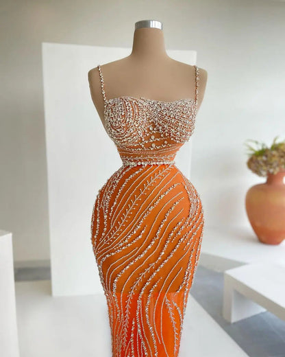 Luxury Orange Crystal Spaghetti Cocktail Party Evening Dress SS351