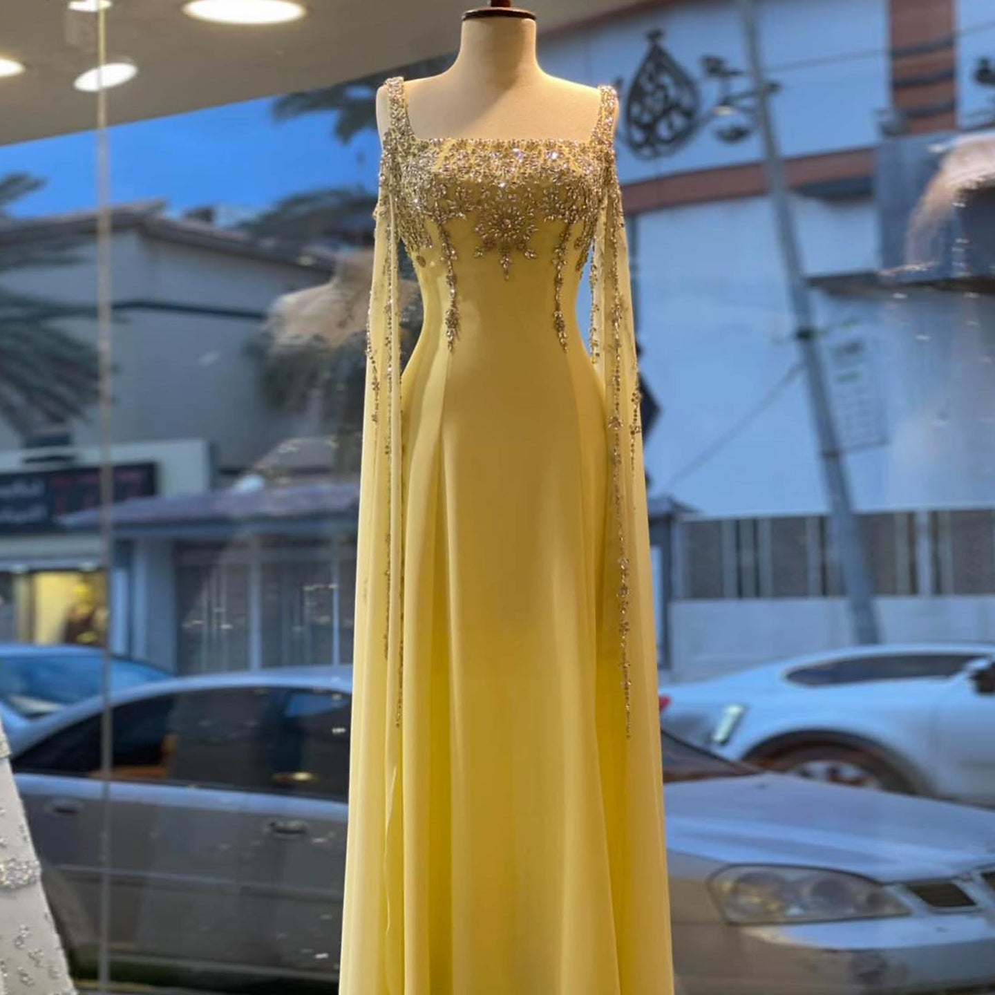 Luxury Crystal Royal Blue Evening Dress with Cape Sleeve SS305