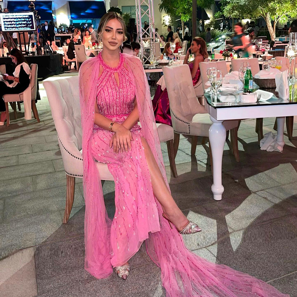 Luxury Mermaid Pink Evening Dress with Cape Sleeves SS361