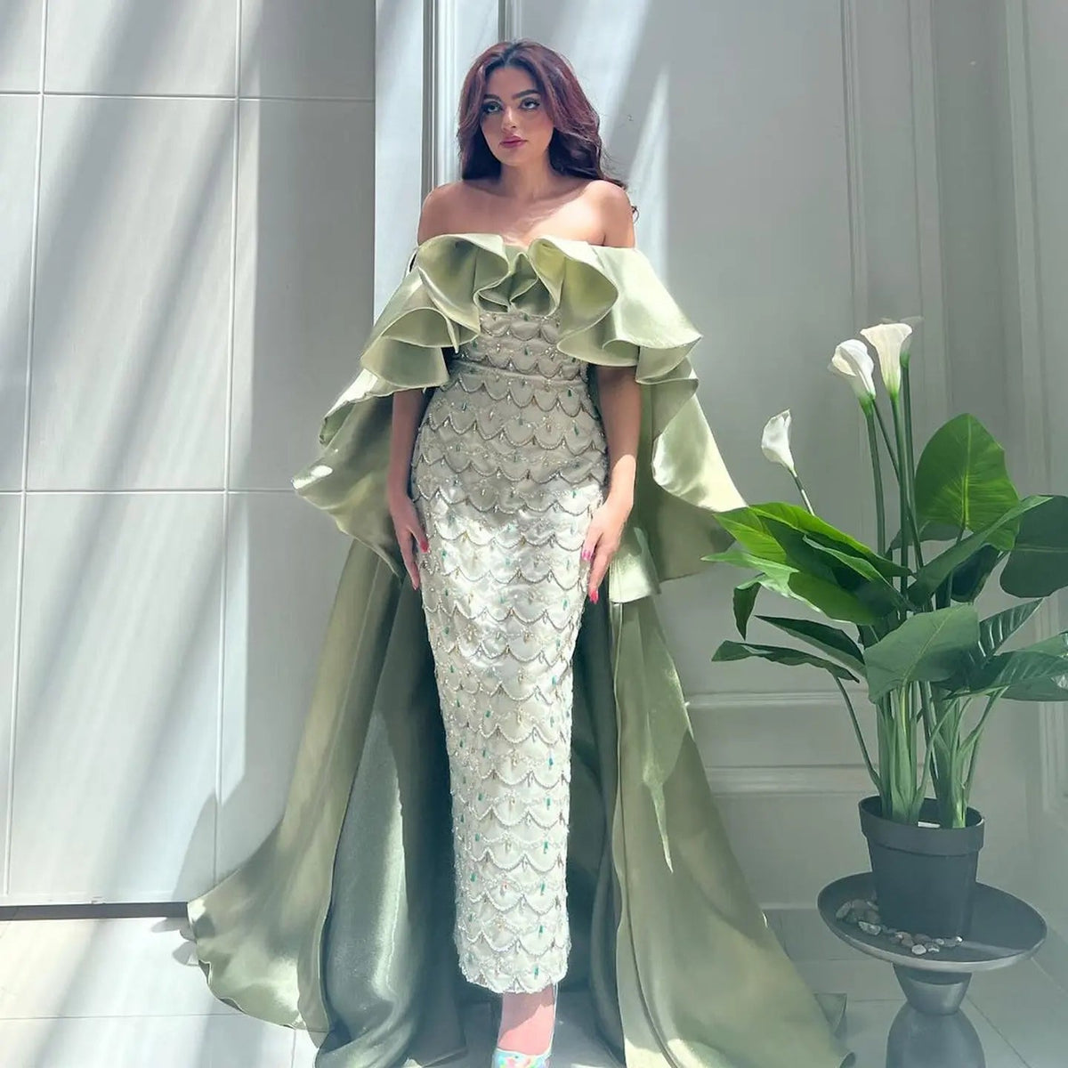 Luxury Sage Green Strapless Evening Dress with Cape SS383