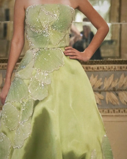 Luxury Green Strapless Embroidered Satin Evening Dress XD077