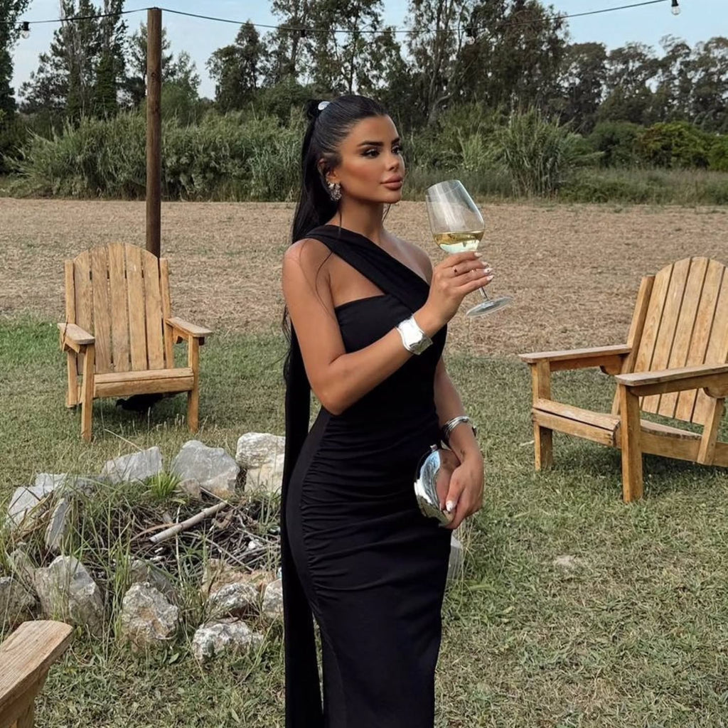 Chic One-Shoulder Brown Fitted Evening Dress with Cape SF135
