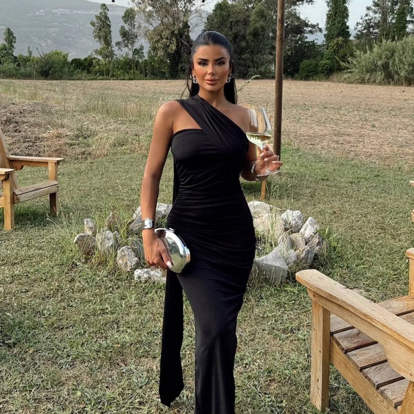 Chic One-Shoulder Brown Fitted Evening Dress with Cape SF135
