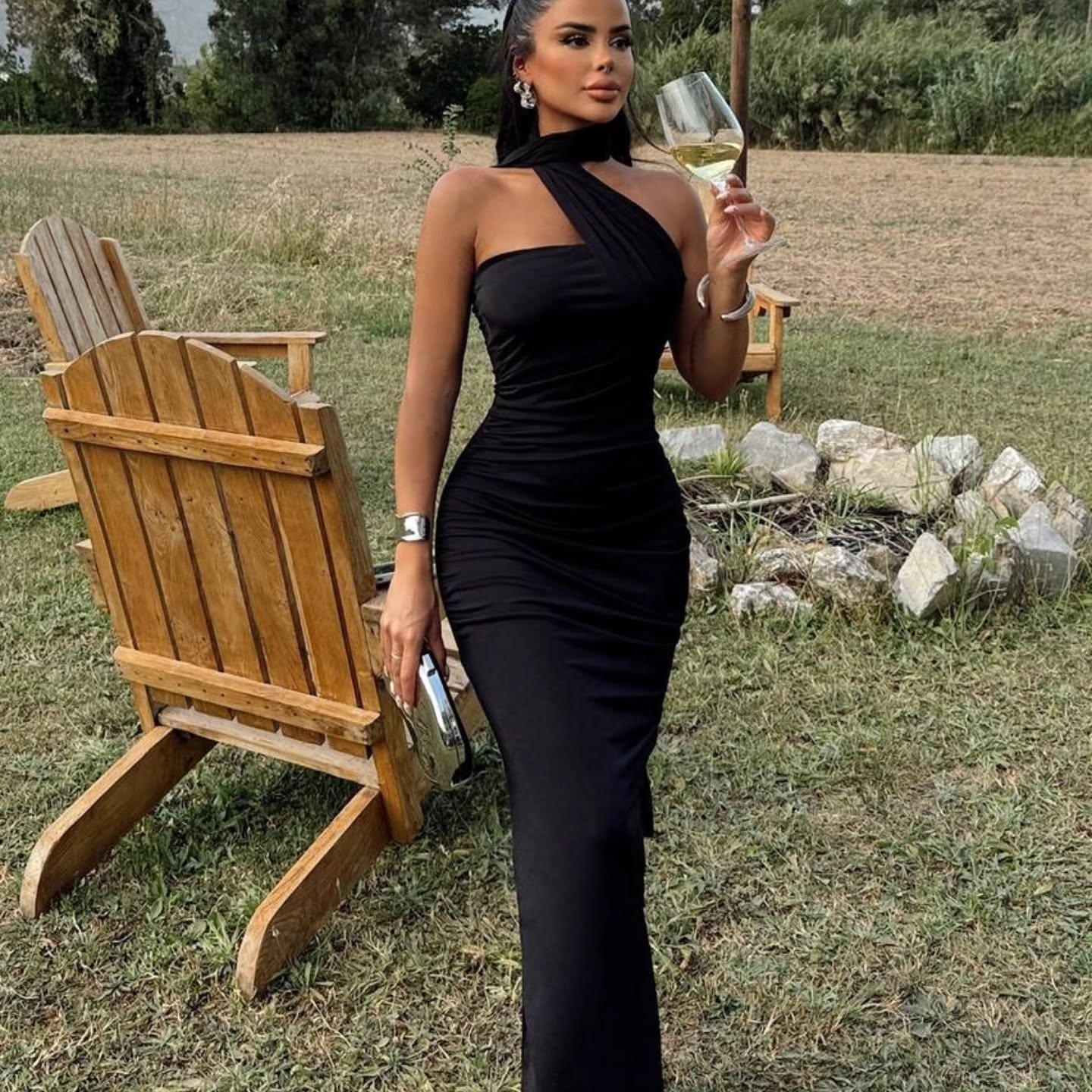 Chic One-Shoulder Brown Fitted Evening Dress with Cape SF135