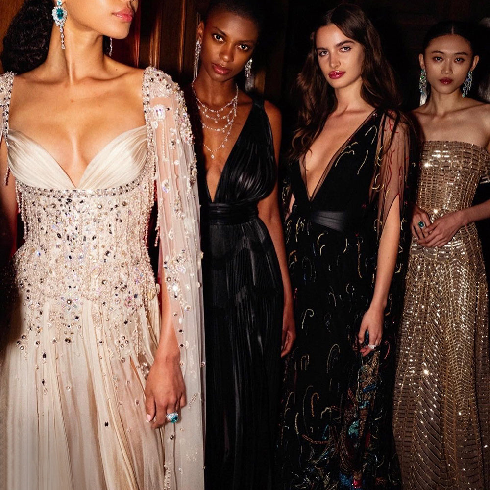Luxury Beaded Tassel Champagne Evening Dresses with Slit SS376